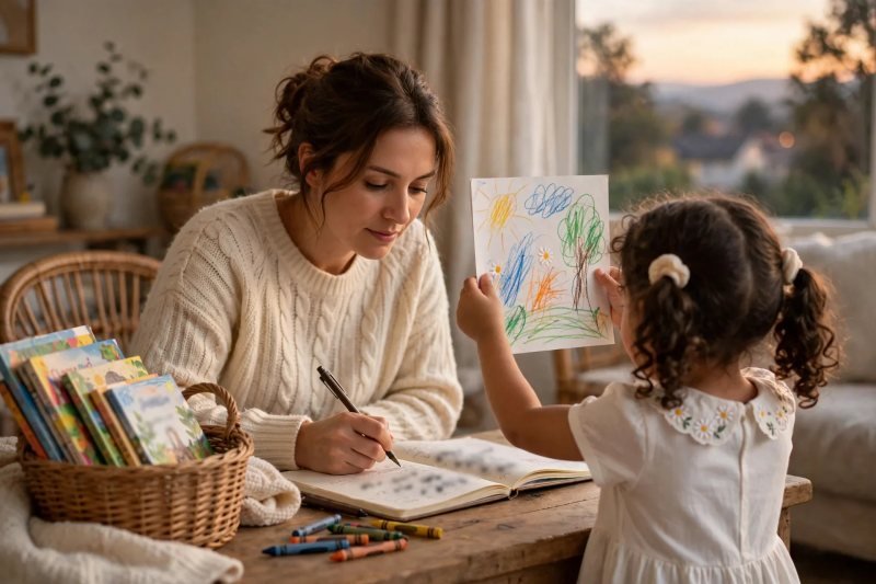 Mother journaling in a notebook while her daughter proudly shows her crayon drawing