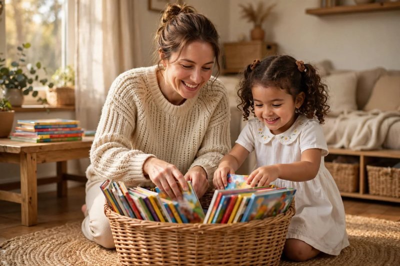 Mother and daughter filling a wicker basket with colorful picture books together