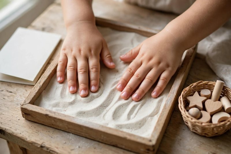 Small hands smoothing pale sand in a wooden tracing tray beside a blank card