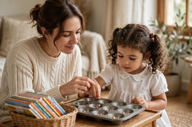 Daughter dropping dried beans into a muffin tin as her mother guides her hand