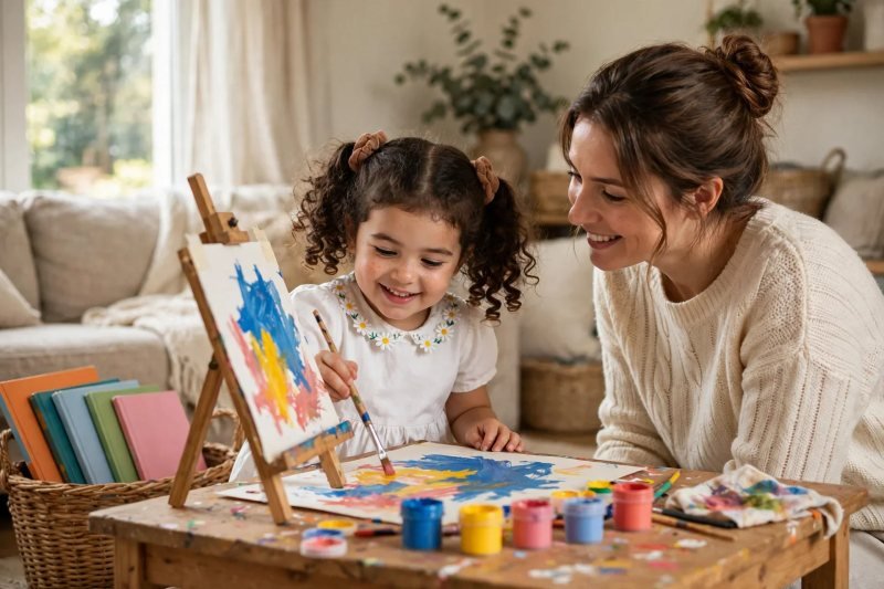 Daughter painting bold brushstrokes at a small easel while her mother watches