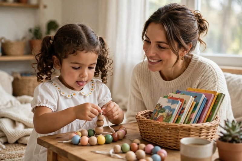 Daughter threading large wooden beads while her mother smiles beside her
