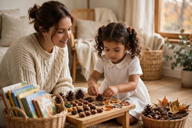Daughter sorting pinecones, acorns and autumn leaves on a low nature table