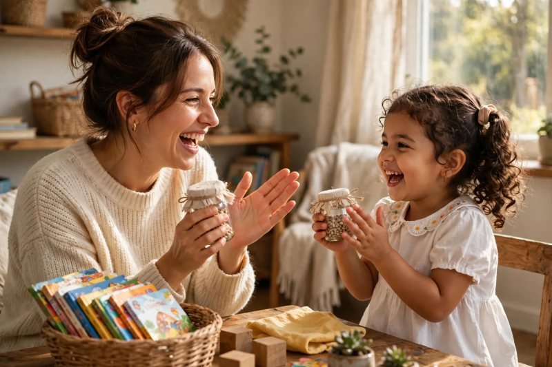 Mother and daughter laughing and shaking homemade shakers while singing together