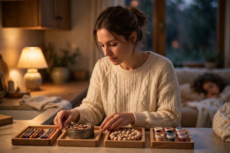 Mother arranging weekly activity trays in lamplight while her daughter sleeps nearby