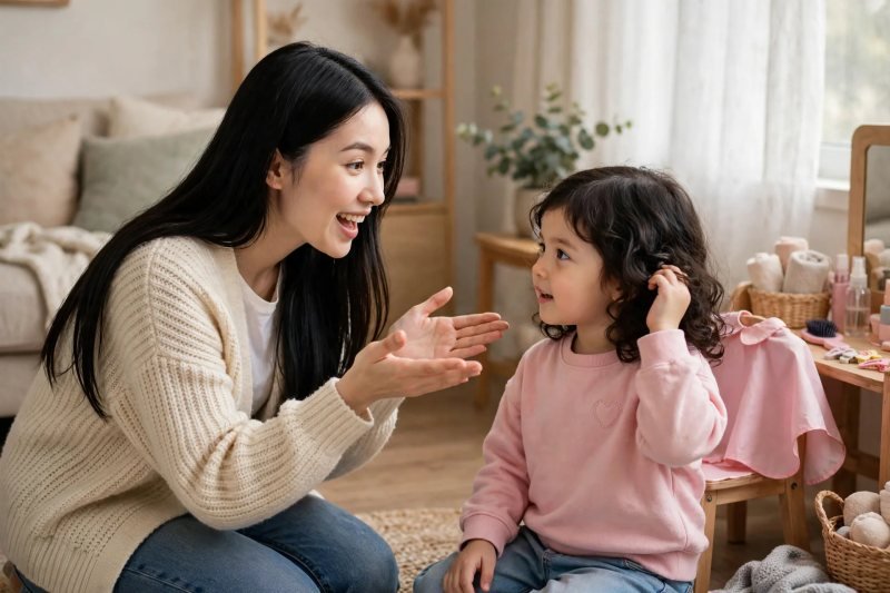 Mother talking cheerfully while girl touches her long curly hair