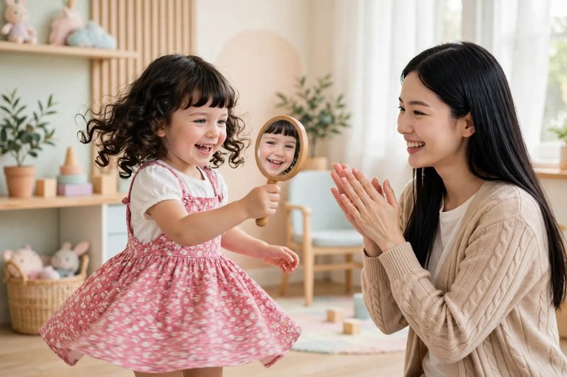 Girl twirling with mirror showing neat fringe while mother applauds