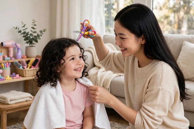 Mother draping towel cape while holding colorful play scissors aloft playfully