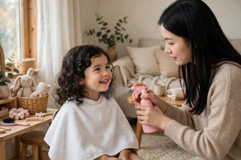 Mother misting girl's hair with pink spray bottle during sprinkle game