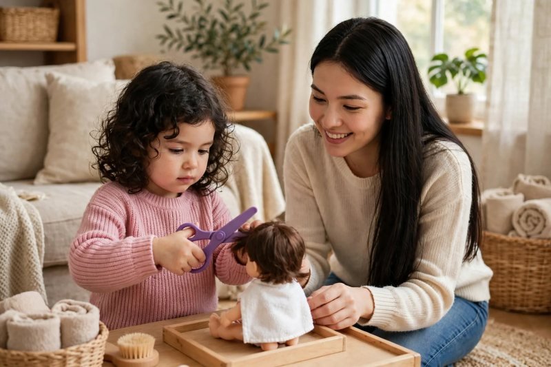 Girl pretending to trim a caped doll's hair with play scissors