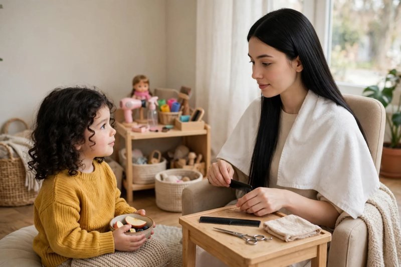 Mother wearing towel cape while girl watches calmly holding snack bowl