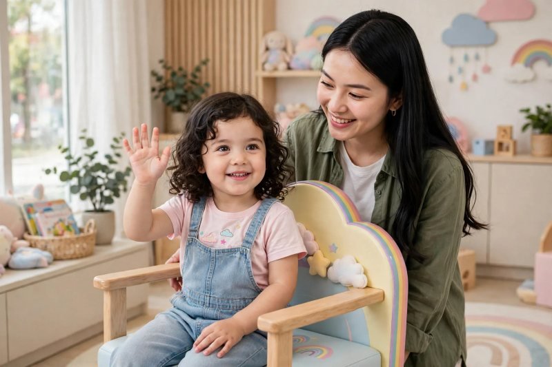 Girl waving from colorful salon chair during a hello-only visit