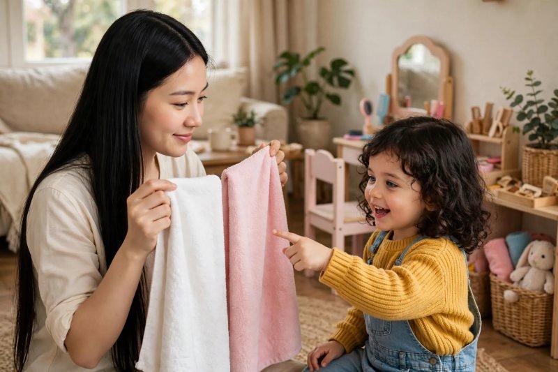 Girl pointing at pink towel while mother holds two cape choices