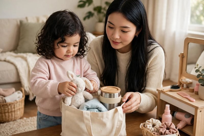 Girl packing stuffed bunny into tote bag with mother's help