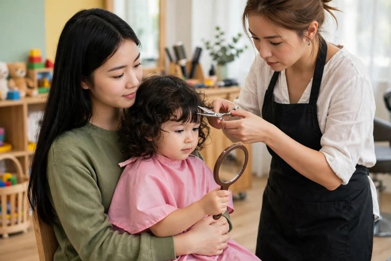 Stylist trimming girl's fringe while she sits on mother's lap