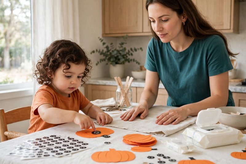 Toddler pressing a black sticker face onto an orange paper pumpkin at the craft table.