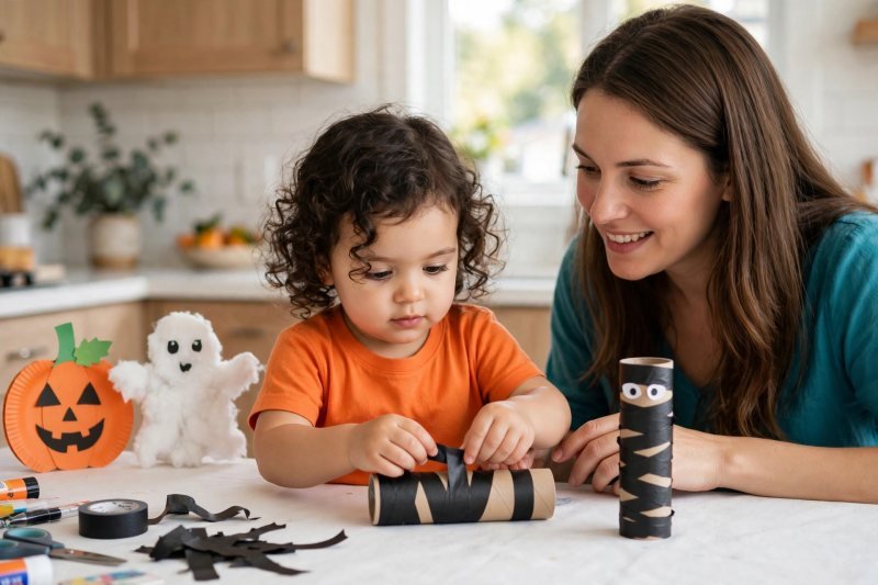 Toddler wrapping black washi tape around a cardboard tube to make a mummy craft.