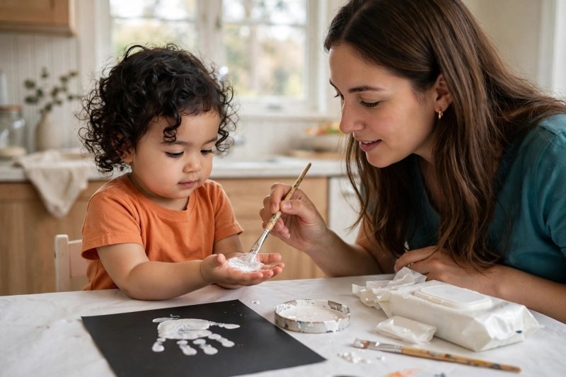 Mother brushing white washable paint onto her toddler's open palm for a handprint ghost.