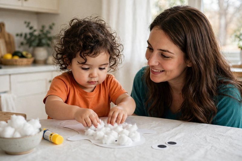 Toddler patting cotton balls onto a white paper ghost shape to make a fluffy collage.