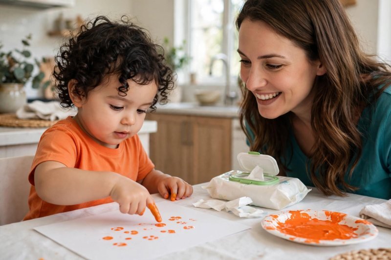 Toddler stamping orange fingerprint dots onto white paper like tiny glowing pumpkin lights.