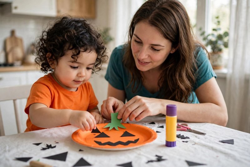 Toddler and mother arranging black paper shapes on an orange paper plate jack-o-lantern.