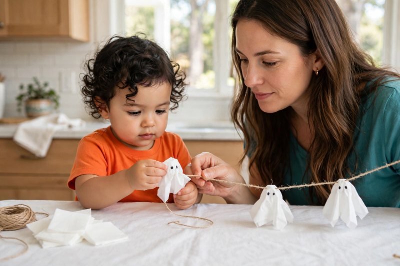 Toddler and mother threading small white tissue ghosts onto string for a garland.