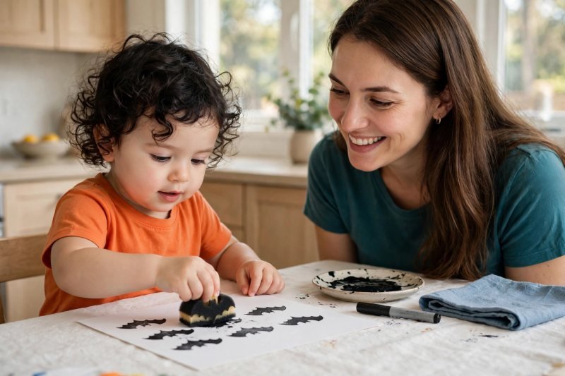 Toddler pressing a black bat-shaped sponge stamp onto white paper at the craft table.