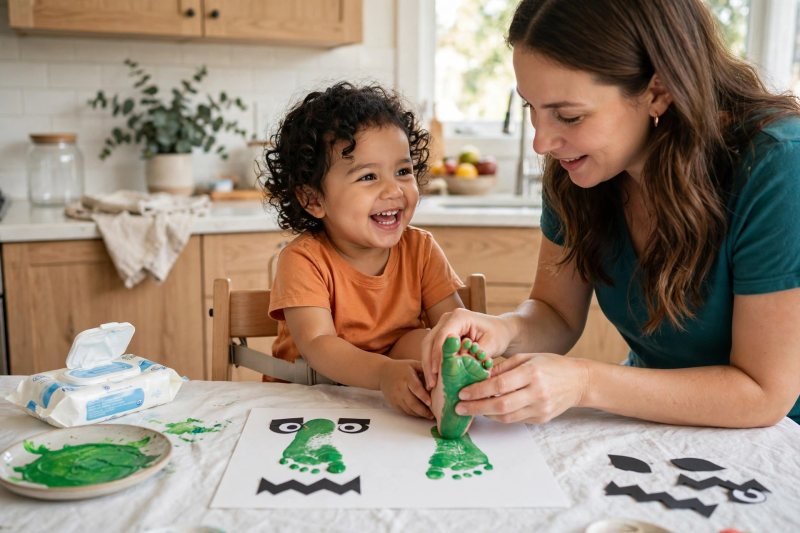 Mother pressing her toddler's green-painted foot onto paper for a Frankenstein footprint keepsake.
