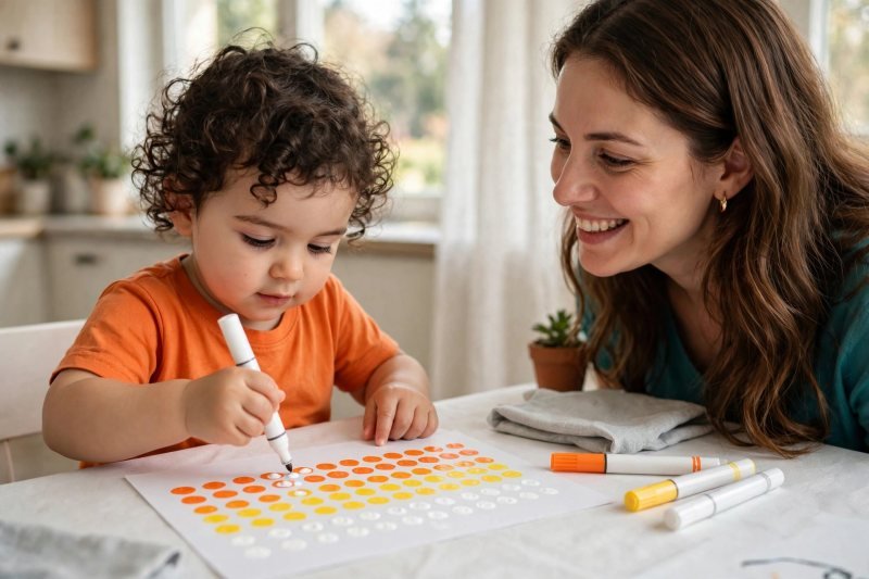 Toddler stamping orange, yellow, and white dot-marker rows shaped like candy corn.