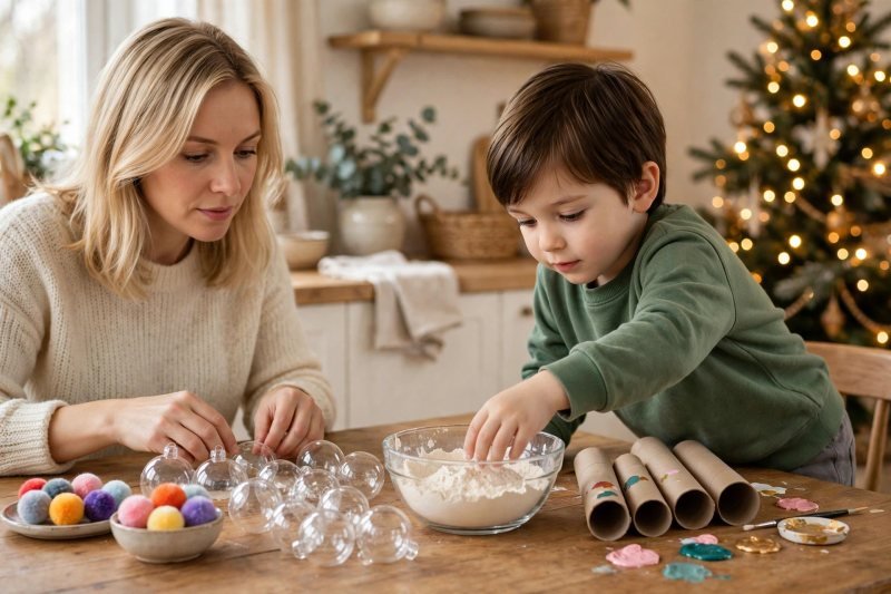 A mother lines up dough ingredients, clear baubles and cardboard rolls on table.