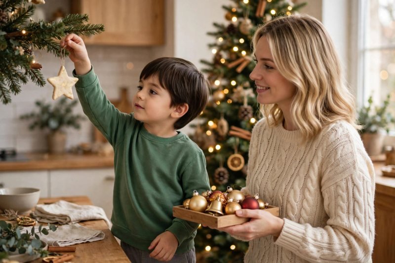 A mother and son hang homemade ornaments on their Christmas tree together proudly.