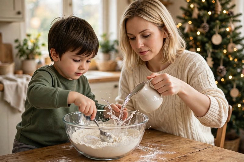 A young boy stirs flour and salt together in a large mixing bowl.