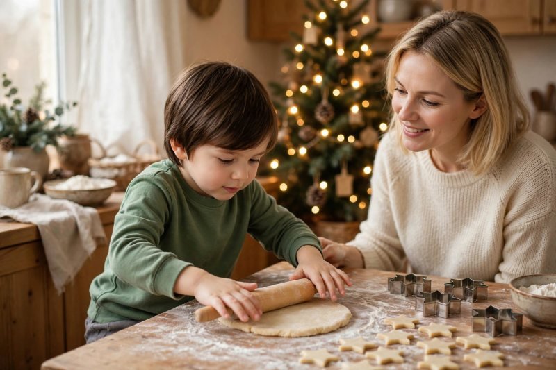 A young boy rolls salt dough flat with a small wooden rolling pin.