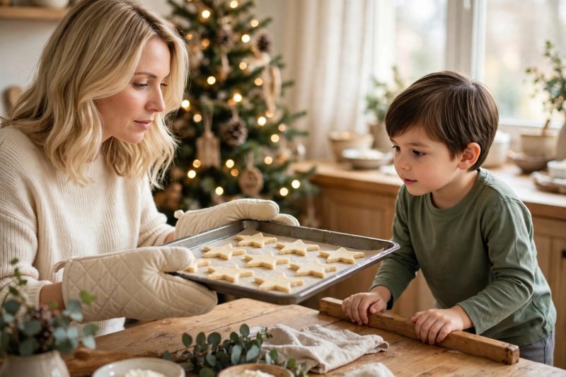 A mother holds a tray of dough shapes while her son watches safely.