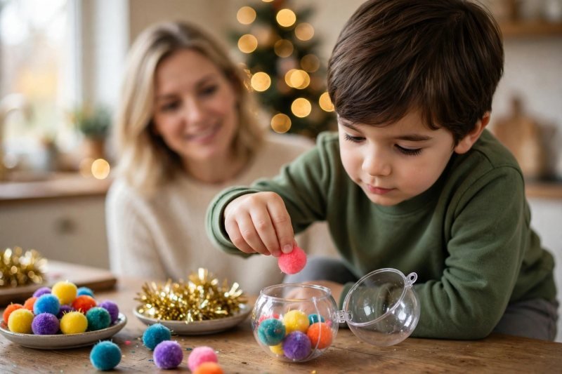 A young boy drops colorful pom-poms into an open clear plastic bauble half.