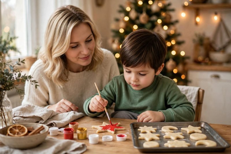 A young boy paints a cooled star-shaped dough ornament with a fine brush.