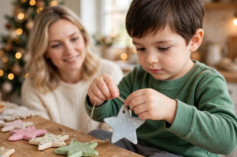 A young boy threads string through a hole in a painted dough ornament.