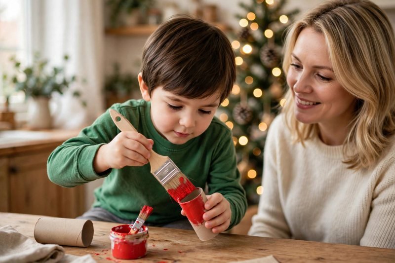 A young boy paints a cardboard roll bright red to make a bell.