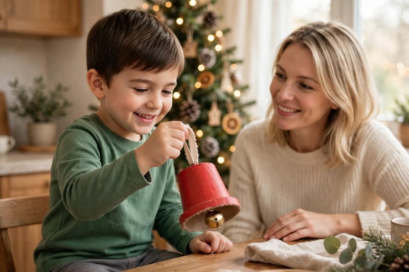 A young boy shakes a cardboard roll bell with a ribbon and jingle.