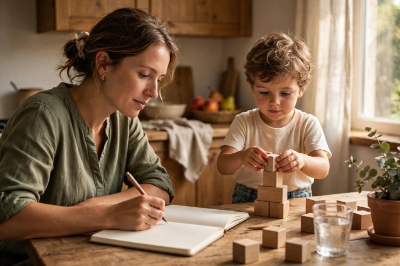 Mother writing kindergarten goals in a blank notebook as her son stacks blocks
