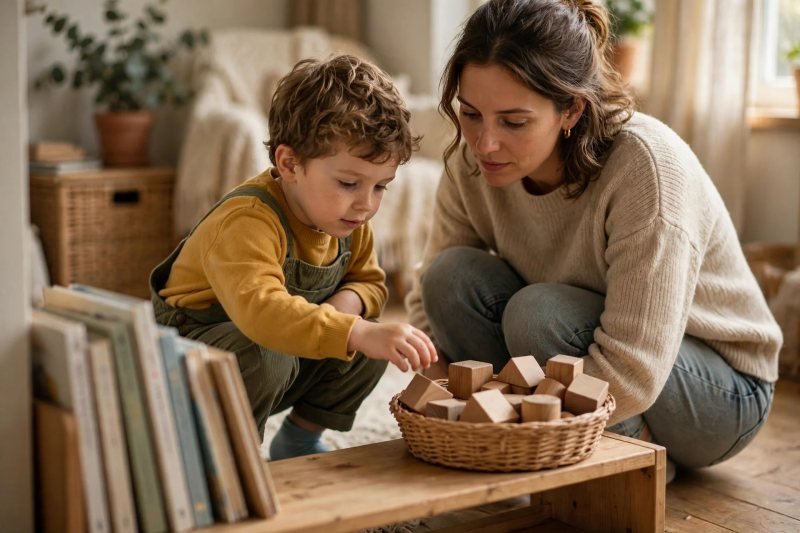 Mother watching her son choose between picture books and wooden blocks