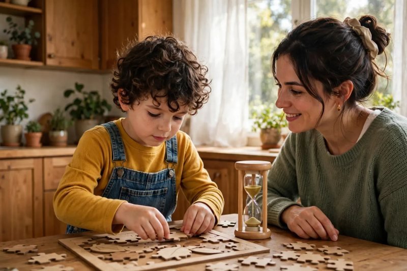 Boy working on a wooden puzzle beside a running hourglass while mother watches