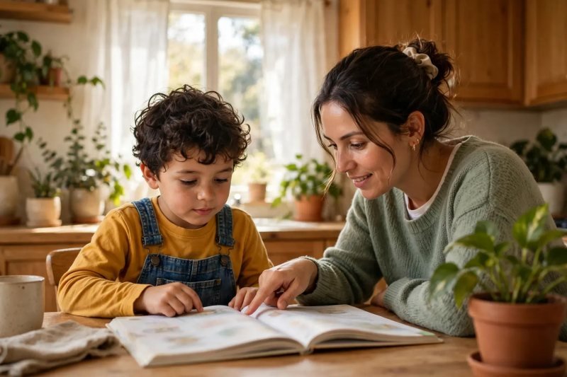 Mother pointing at a blurred workbook page while her son tries a sample lesson