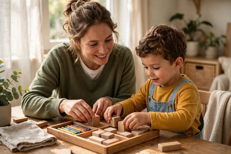 Mother and son arranging learning materials in a wooden tray for their trial week
