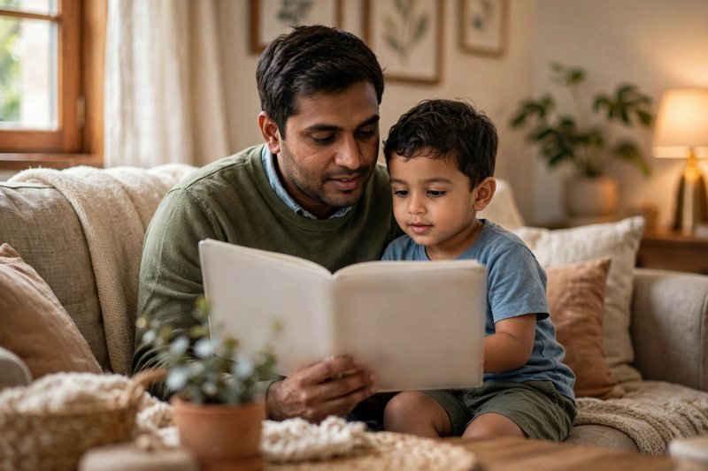A parent reading a picture book aloud to a preschooler on a sofa