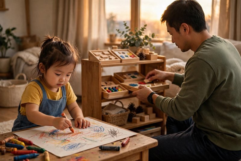 A child drawing with chunky crayons while a parent tidies a shelf nearby