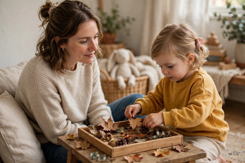 A child arranging leaves and pinecones in a nature tray at a low table