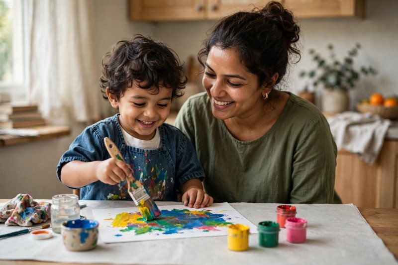 A parent and child painting together at a newspaper-covered kitchen table