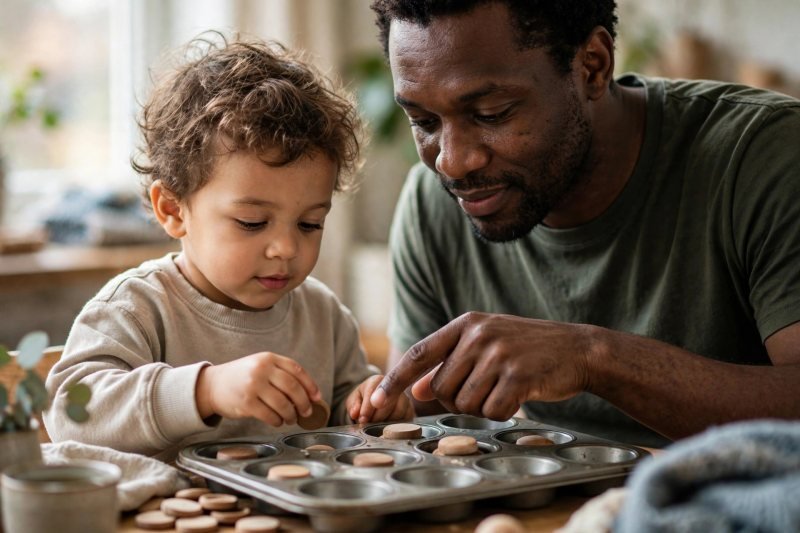 A child placing wooden buttons into a muffin tin for a counting game