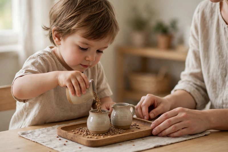A preschooler pouring dried lentils between two small jugs on a tray
